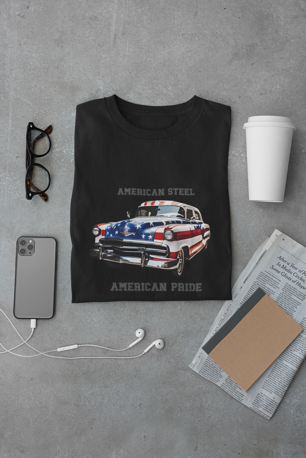 American Pride Tee - Vintage Flag Car 'American Steel' T-Shirt