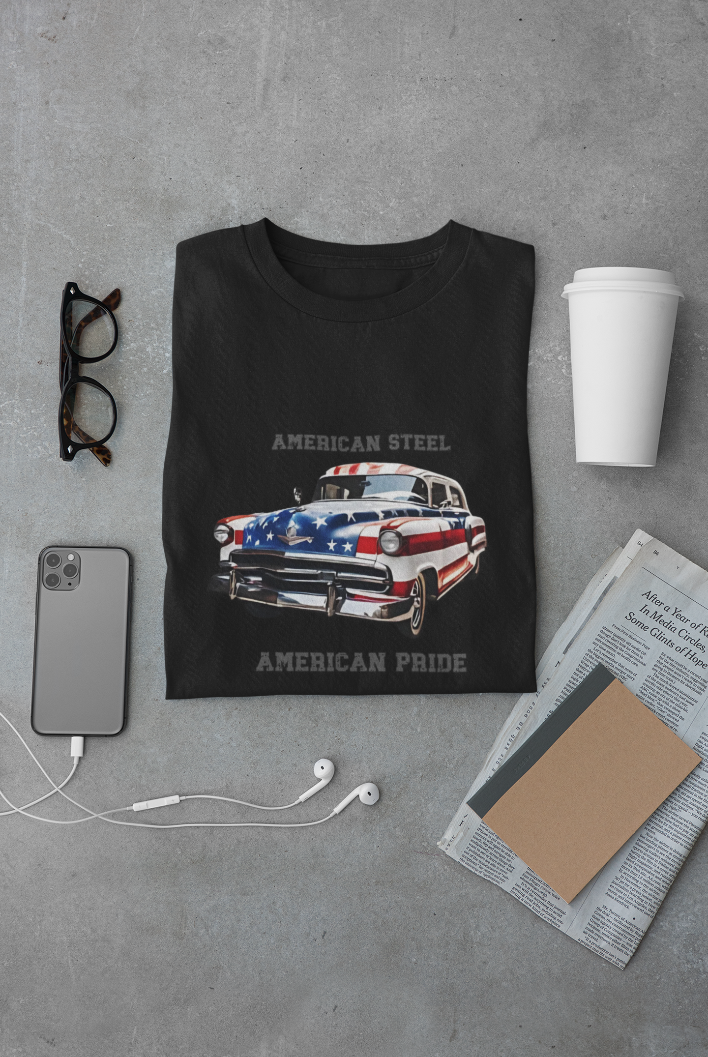 American Pride Tee - Vintage Flag Car 'American Steel' T-Shirt