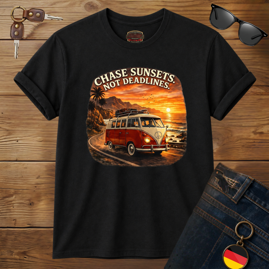 Black t-shirt with a graphic of a classic van and sunset text 'Chase Sunsets, Not Deadlines' on a wooden surface.