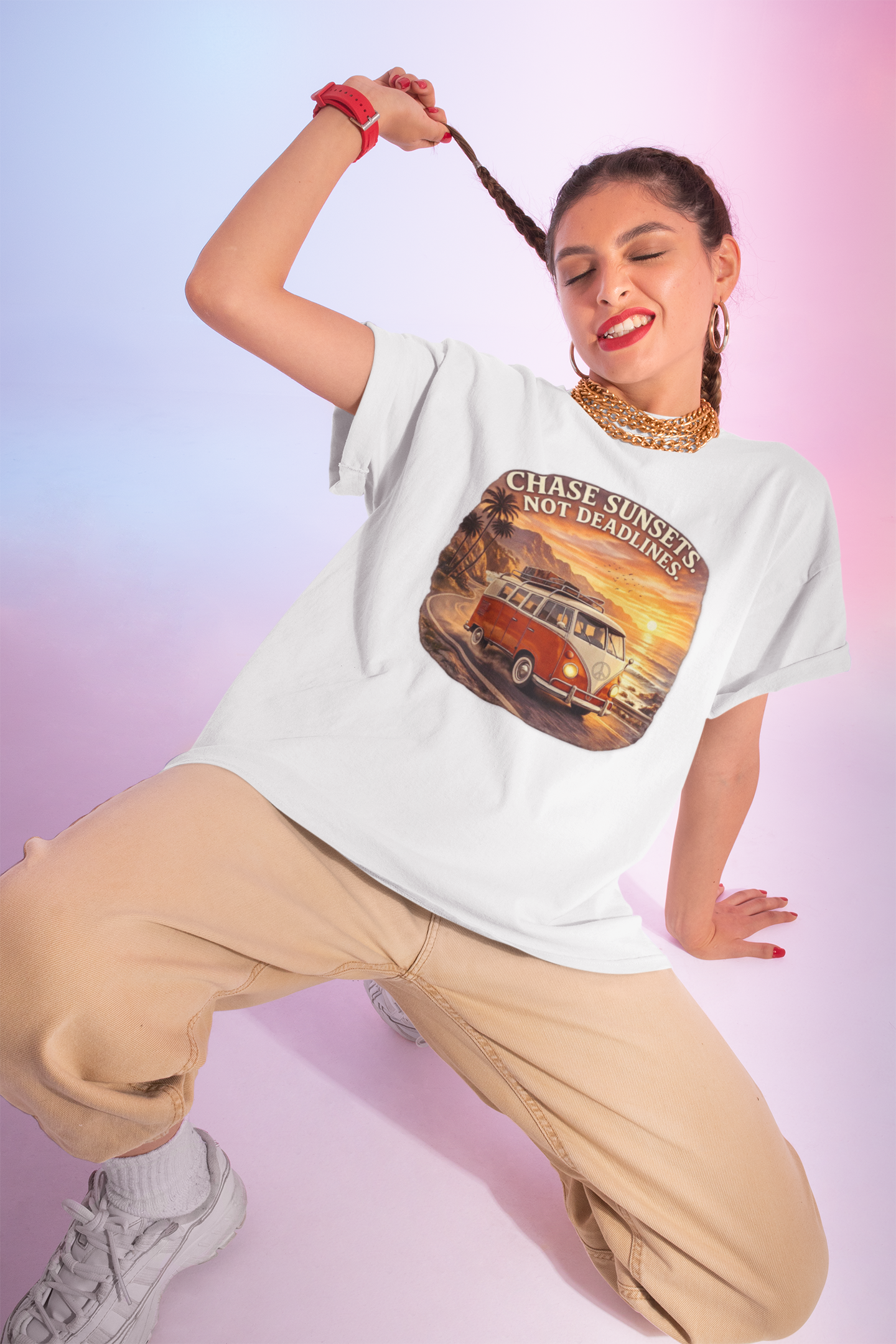 Woman wearing a white t-shirt with a graphic classic red van design on a gradient background