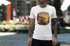 Man wearing a white t-shirt with a graphic red classic van design and text outdoors.