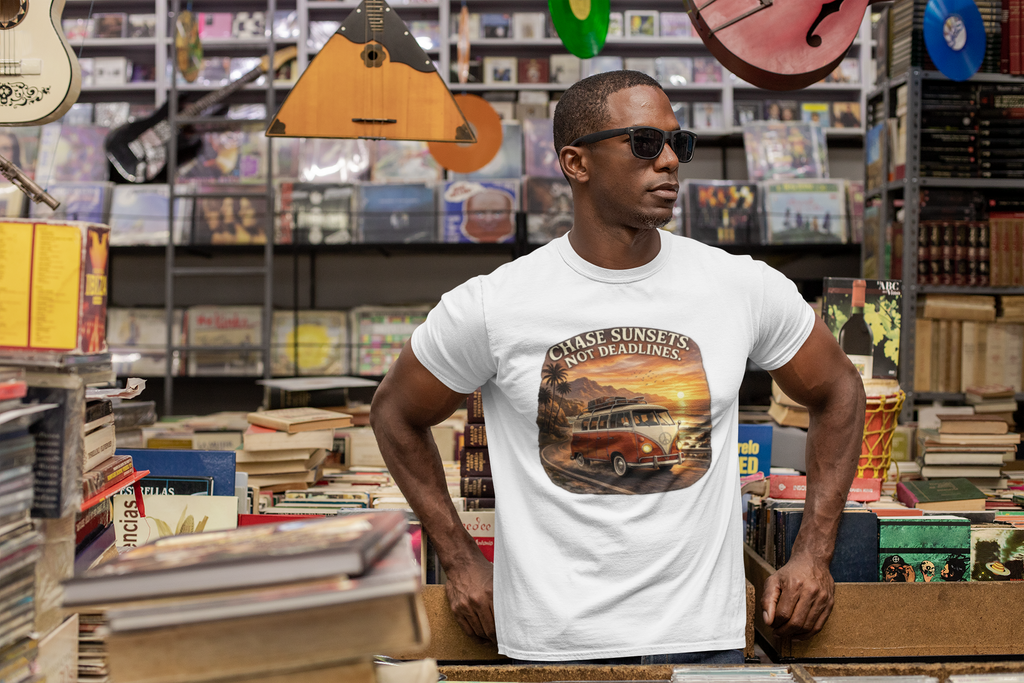 Man wearing a white t-shirt with a graphic red van design in a music store