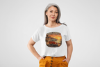 Woman wearing a white t-shirt with a classic red van graphic design on a plain background