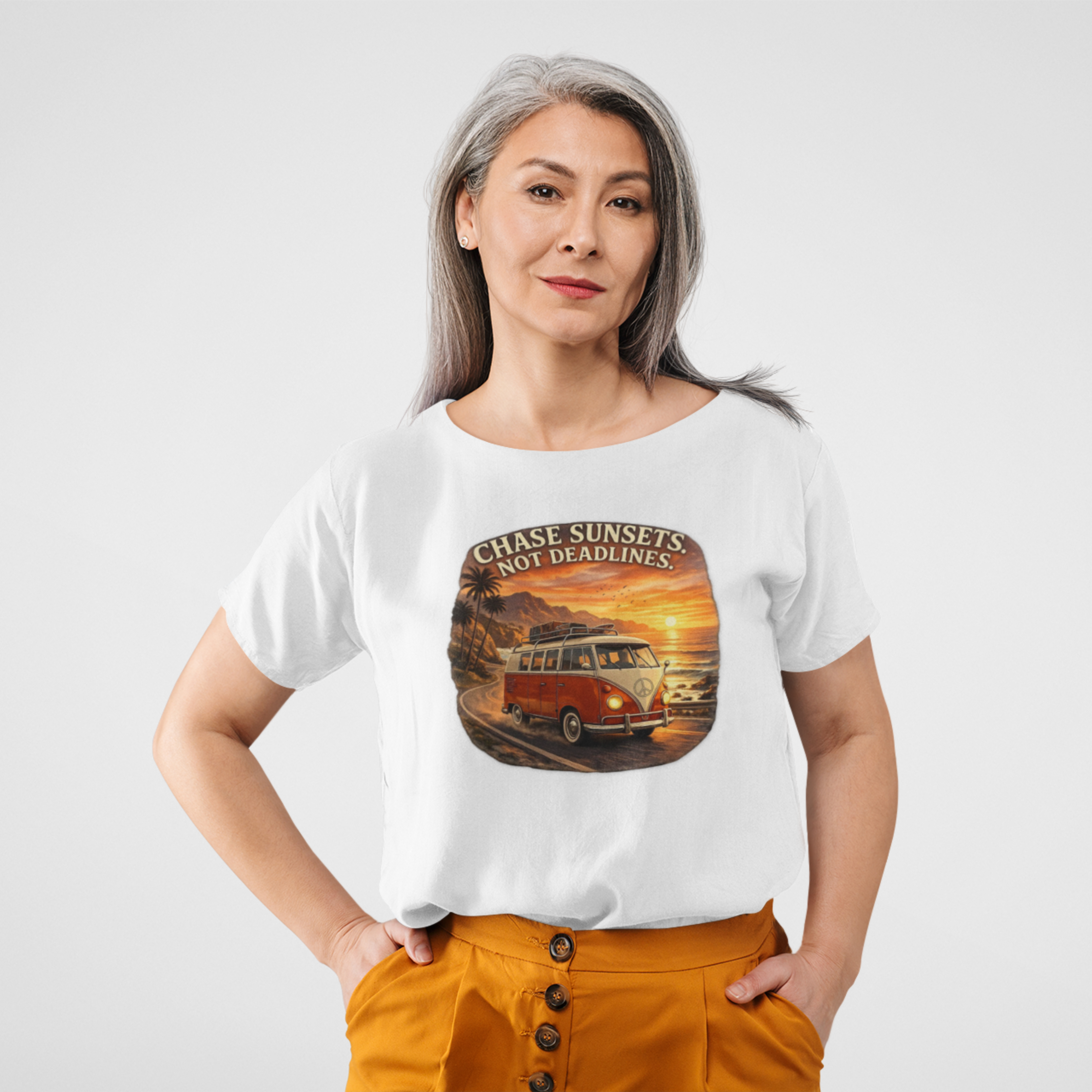 Chase Sunsets Camper T‑Shirt - 'Chase Sunsets Not Deadlines' Retro Van Tee