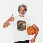 Man wearing a white t-shirt with a graphic design, holding a basketball, and giving a thumbs-up on a white background.