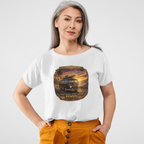 Woman wearing a white t-shirt with a graphic 1965 custom van design on a plain background