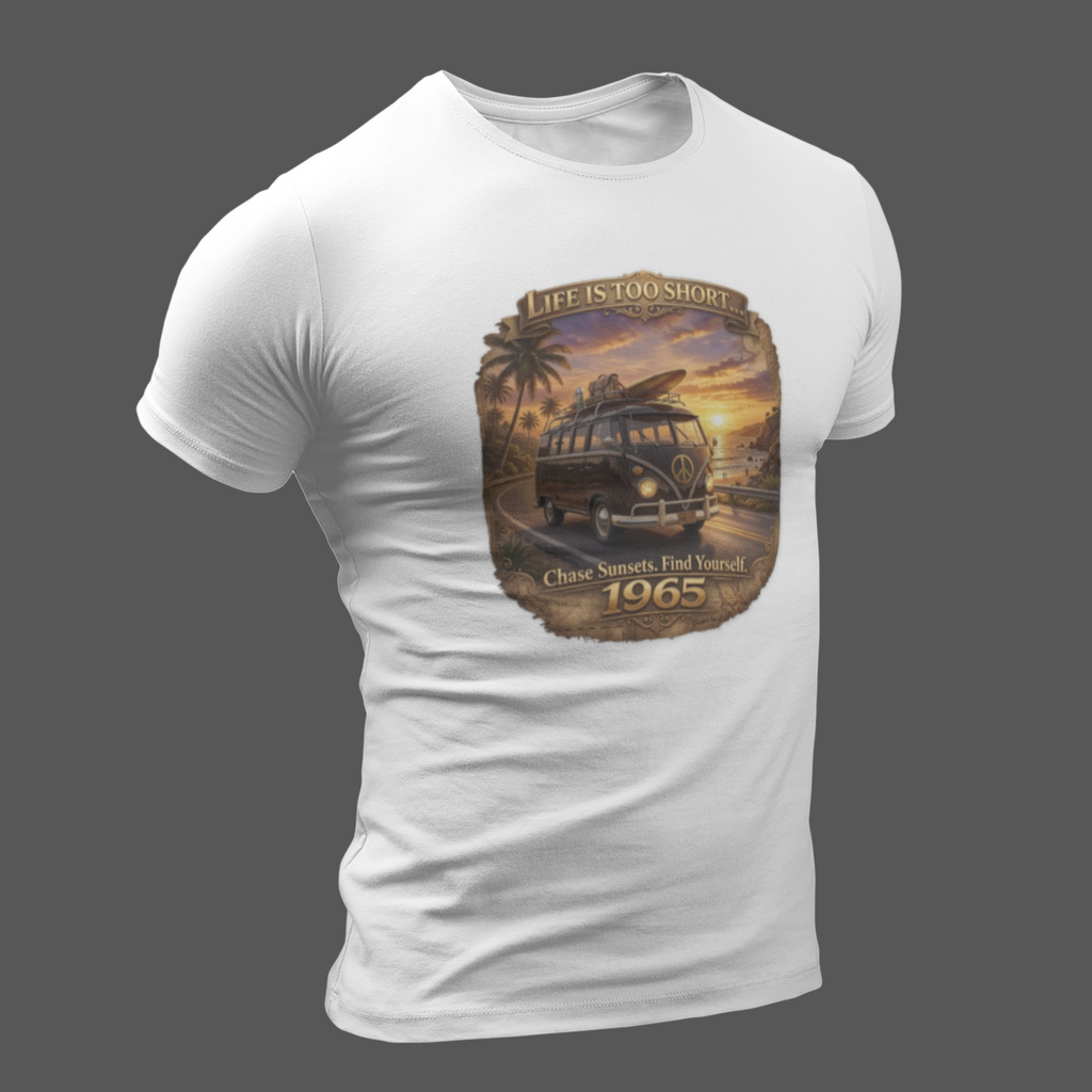 White t-shirt with a graphic 1965 custom  design of a van and sunset on a gray background