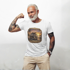 Man wearing a vintage 1965 surfer van white t-shirt with retro beach sunset graphic and “Chase Sunsets. Find Yourself.”