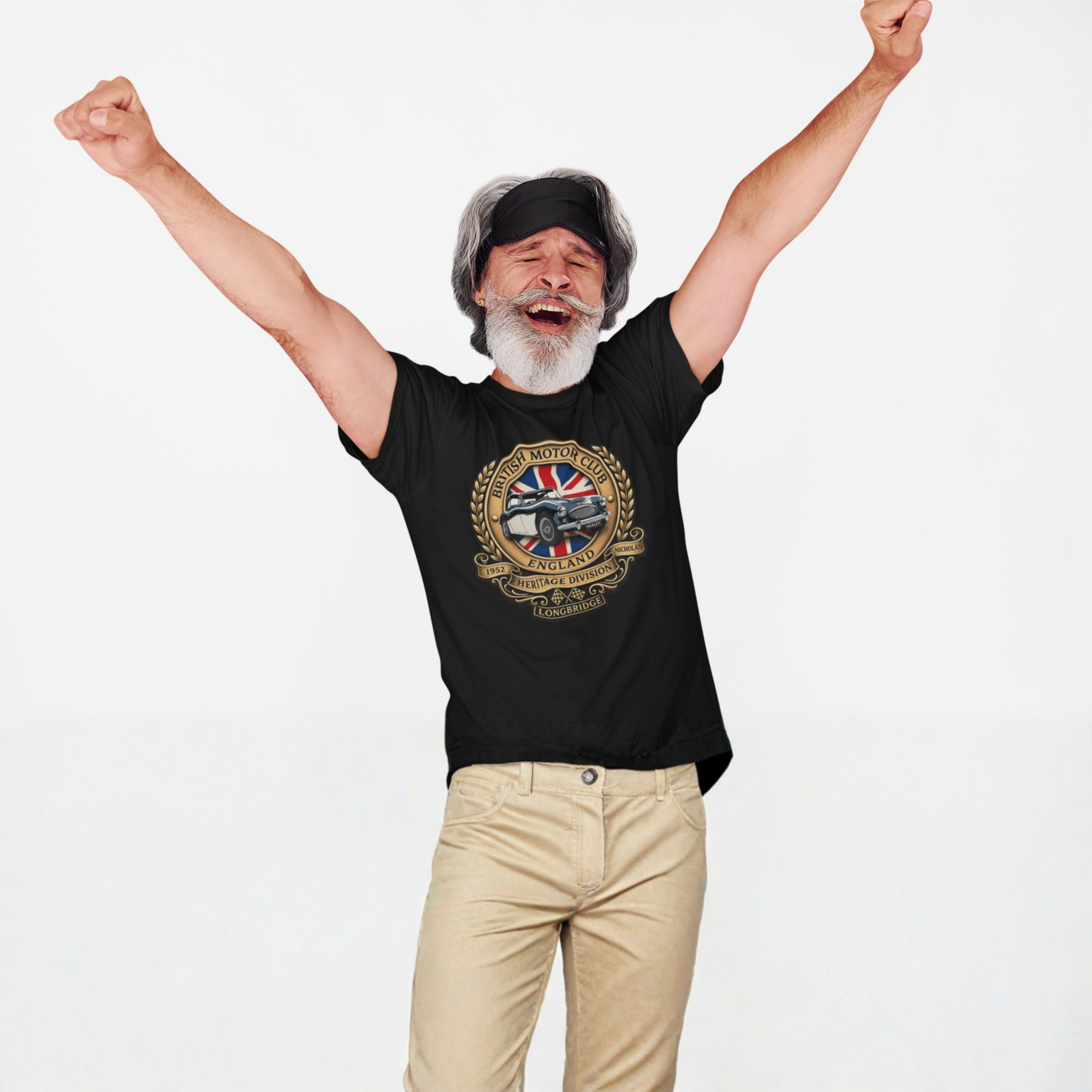 Man wearing a black t-shirt with a graphic British Motor Club logo design, raising his arms on a white background