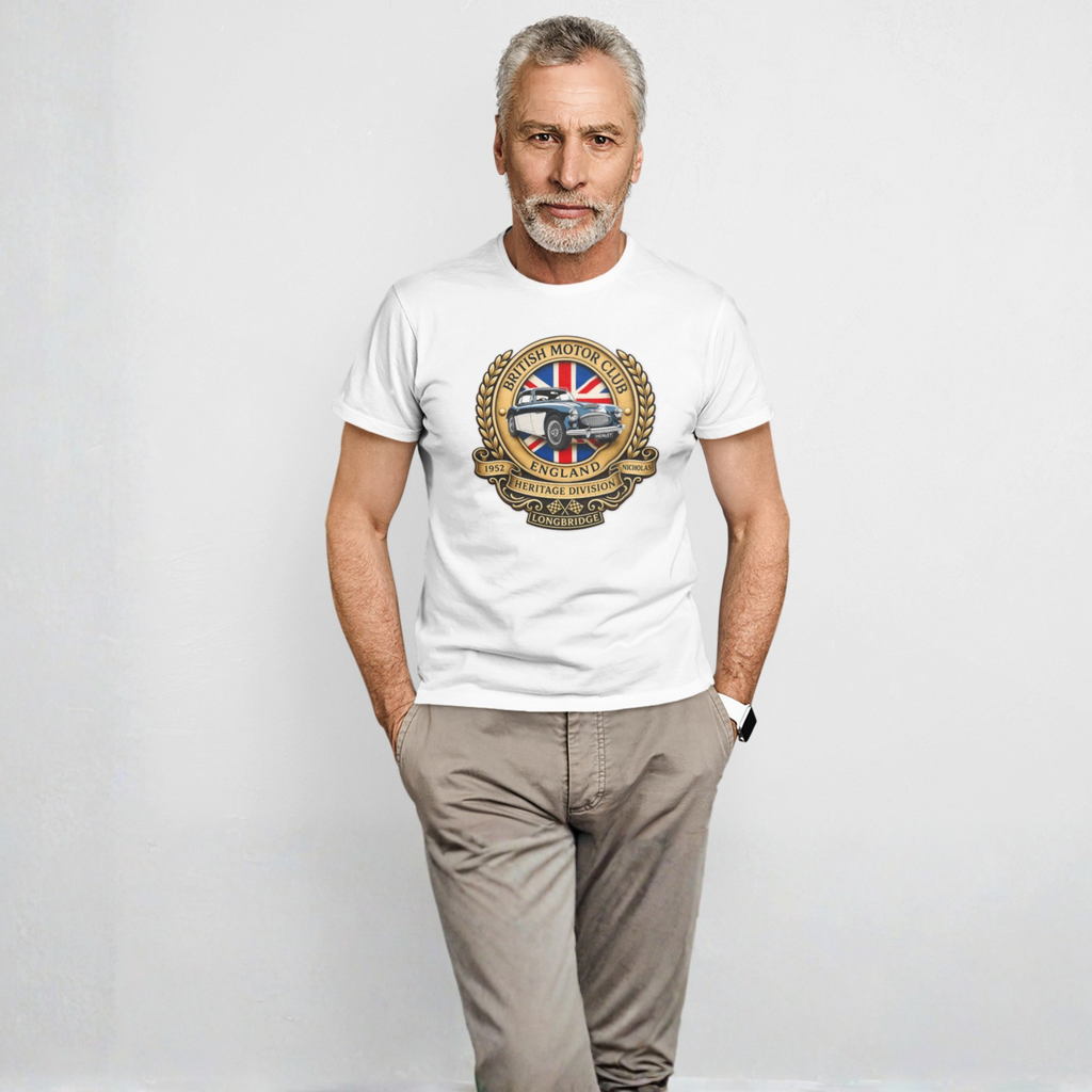 Man wearing a white t-shirt with a British Motor Club logo on a plain background
