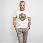 Man wearing a white t-shirt with a British Motor Club logo on a plain background