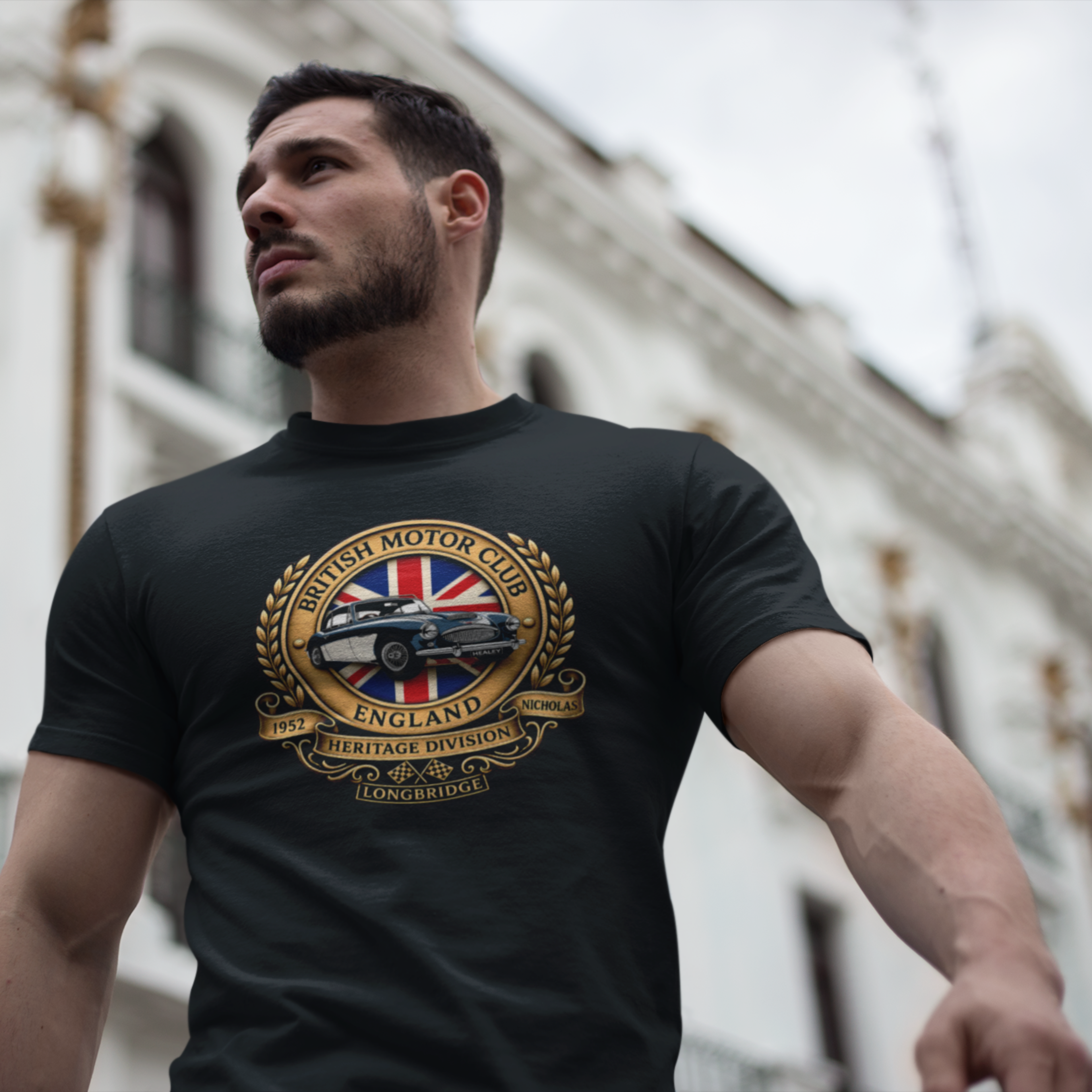 British Motor Club T-Shirt — Vintage Union Jack Sports Car Emblem