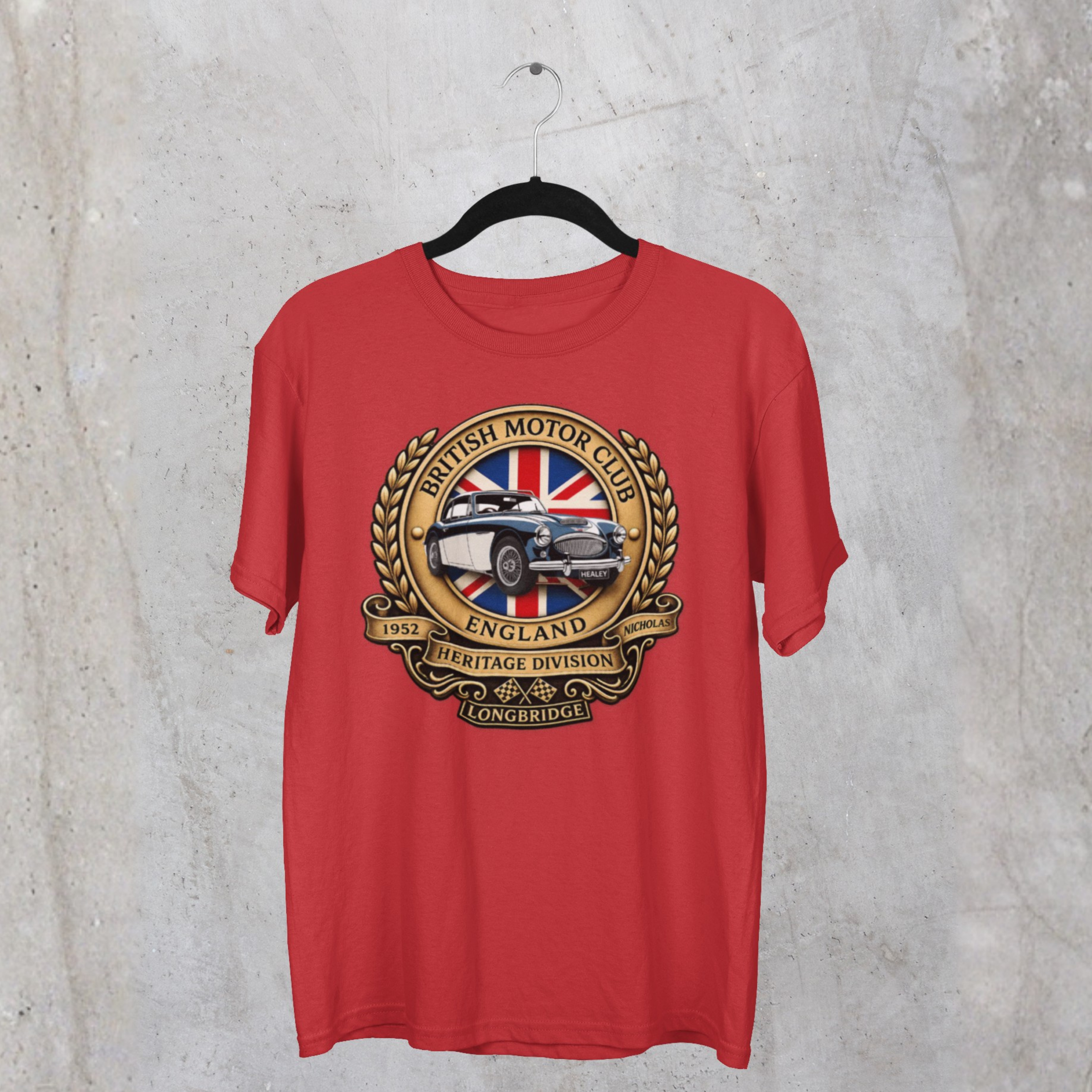 Heather red t-shirt with British Motor Club logo on a textured gray background