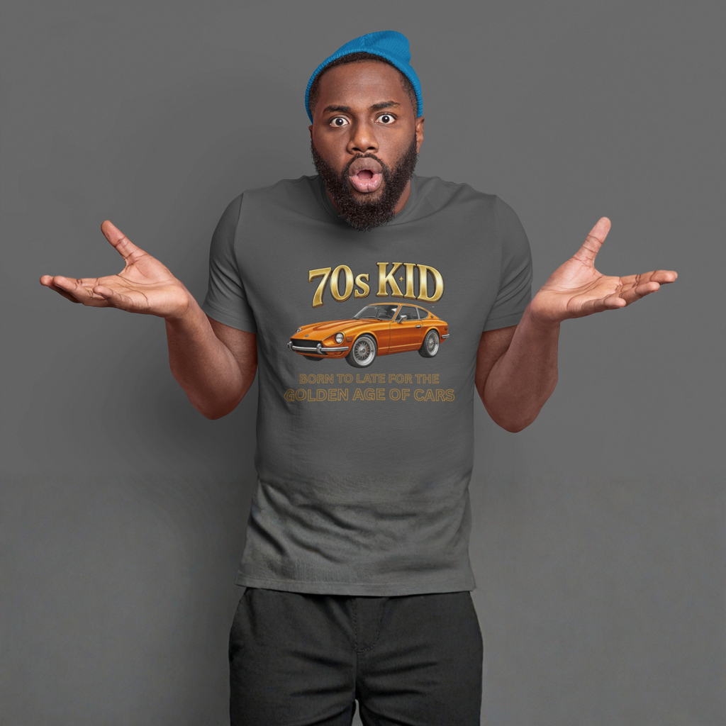 Man wearing a gray t-shirt with '70s Kid' 240Z graphic and car illustration on a gray background