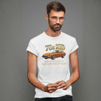 Man wearing a white t-shirt with a graphic design of a 240Z and text on a gray background