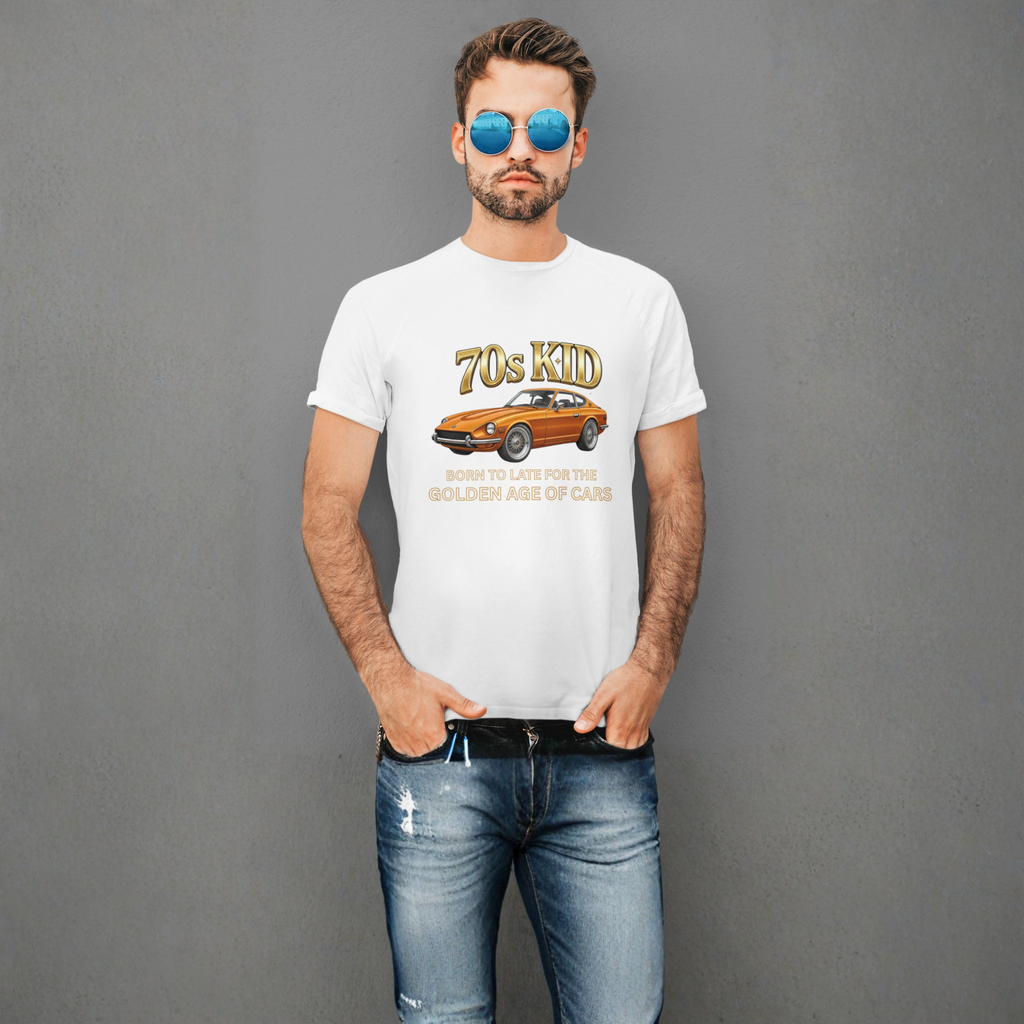 Man wearing a white t-shirt with a graphic 240Z design and text, standing against a gray background