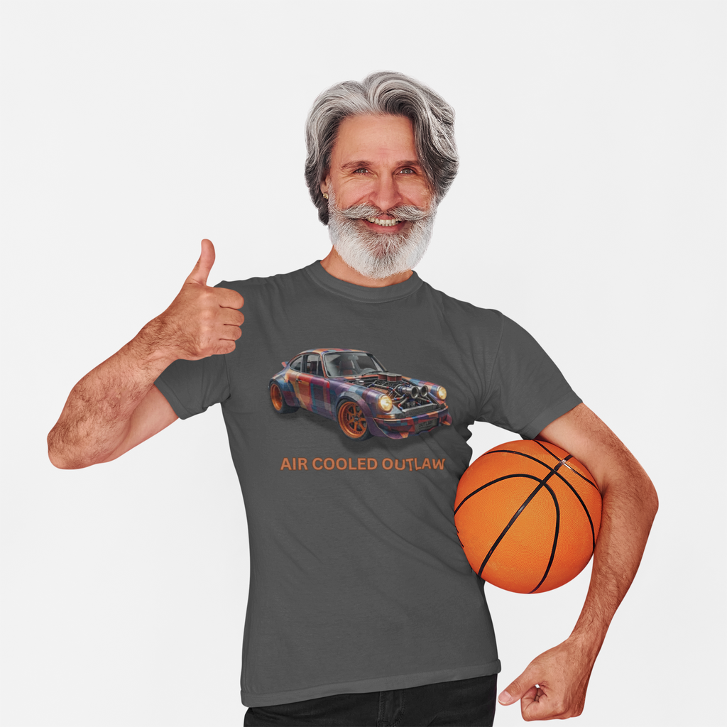 Man wearing a gray t-shirt with a car graphic and text, holding a basketball on a white background