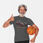 Man wearing a gray t-shirt with a car graphic and text, holding a basketball on a white background