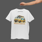 White t-shirt with a van graphic and text on a hanger against a gray background