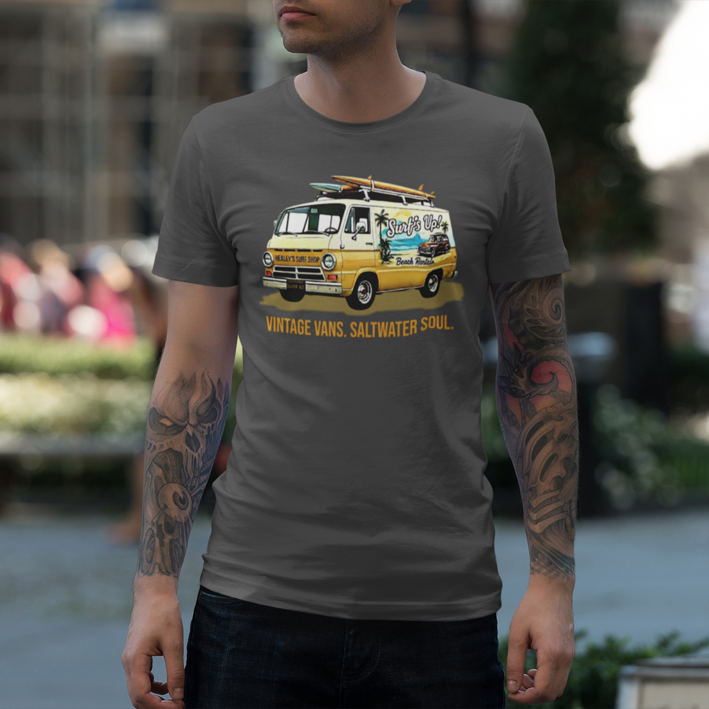 Man wearing a gray t-shirt with a vintage van graphic and text.