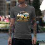 Man wearing a gray t-shirt with a vintage van graphic and text.