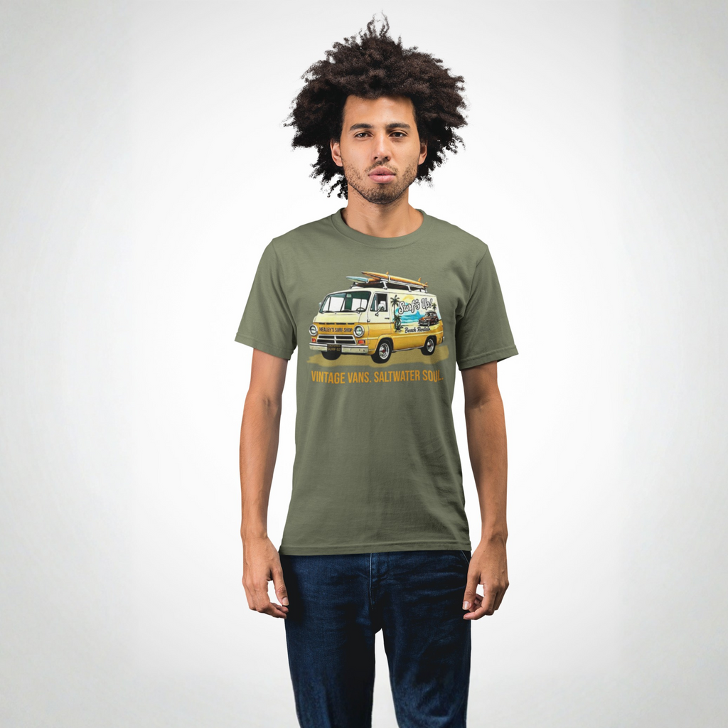 Man wearing a military green t-shirt with a graphic classic van design on a plain background