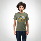 Man wearing a military green t-shirt with a graphic classic van design on a plain background