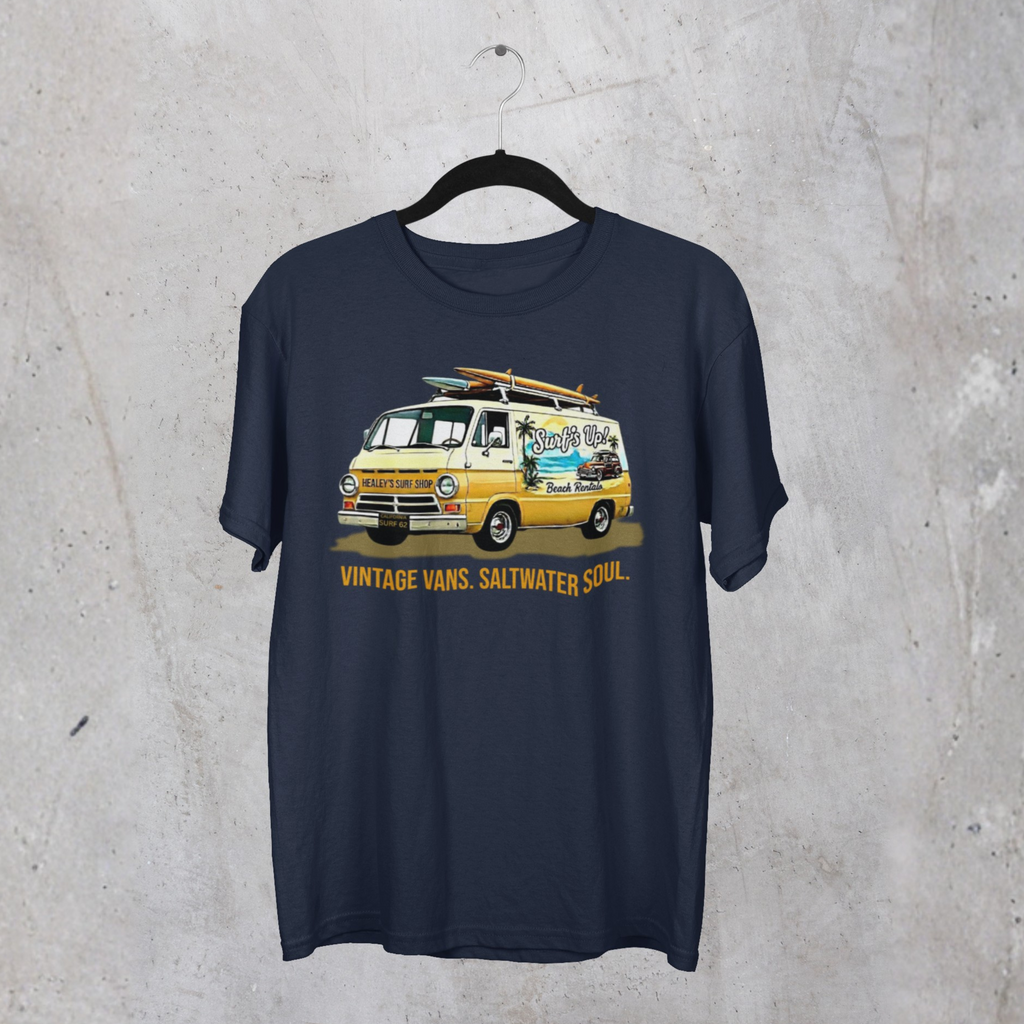 Navy blue t-shirt with a graphic of a classic van and text on a concrete surface