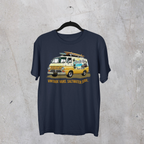 Navy blue t-shirt with a graphic of a classic van and text on a concrete surface