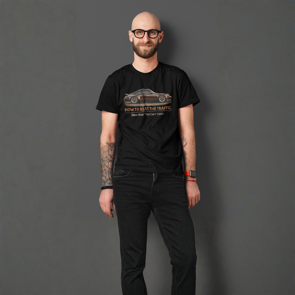 Man wearing a black t-shirt with a classic car graphic design on a gray background