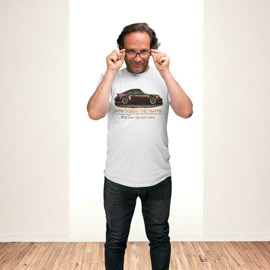 Man wearing a white t-shirt with a classic car graphic design on a plain background