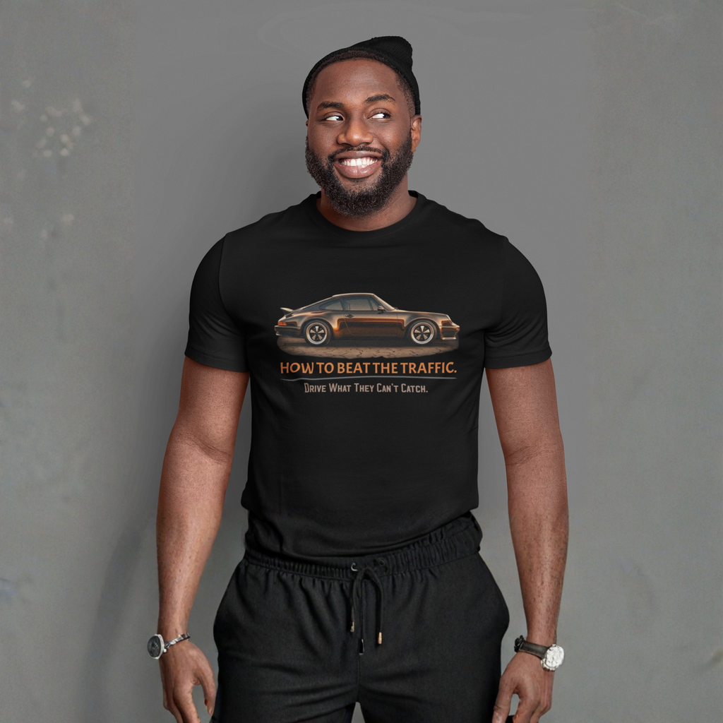 Man wearing a black t-shirt with a graphic car design and text on a gray background