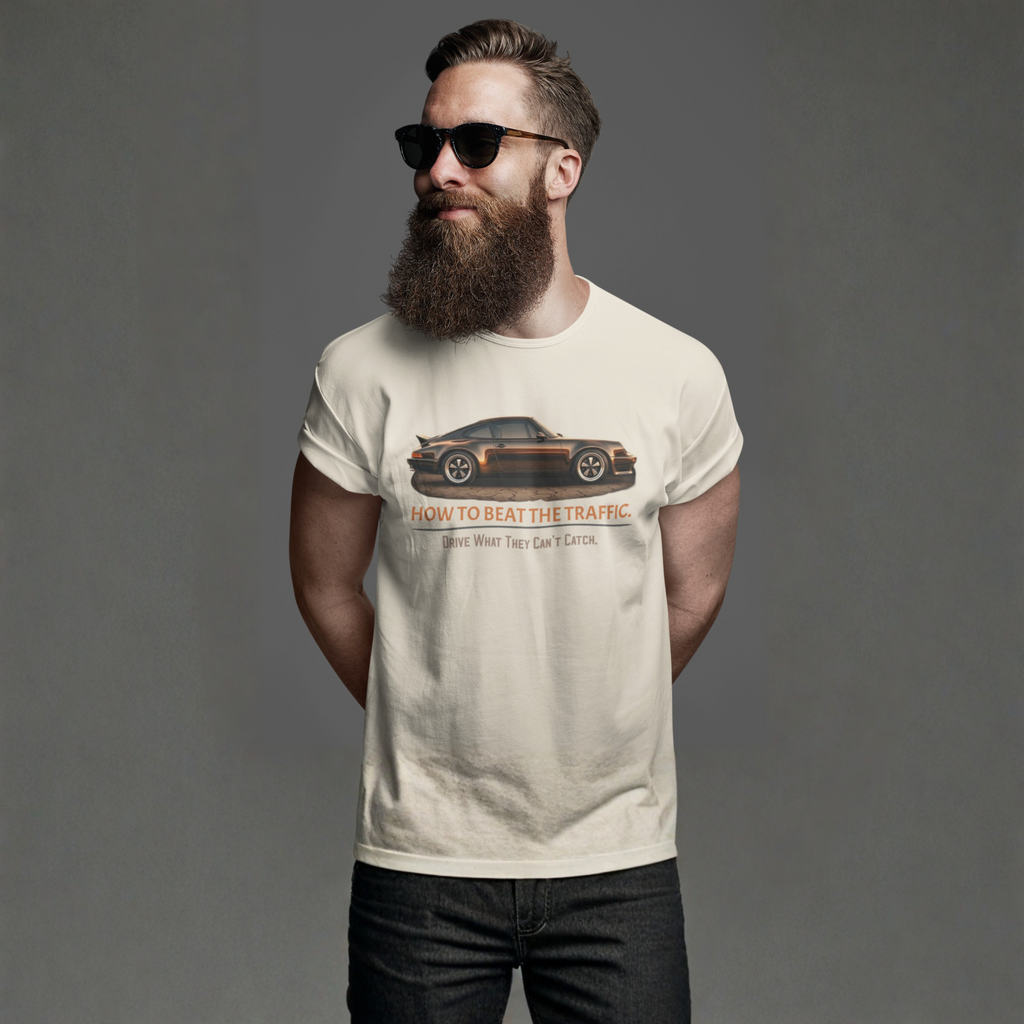 Man wearing a t-shirt with a classic car graphic design on a gray background