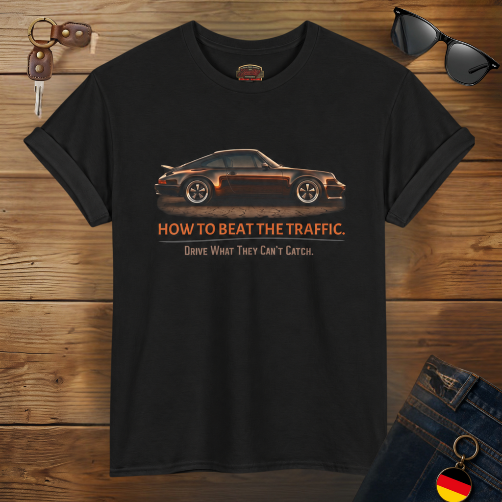 Black t-shirt with car graphic and text on a wooden surface with sunglasses and keychain.