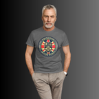 A man wearing a dark gray t-shirt with a circular 'Abingdon Motor Works' crest graphic on the chest, paired with beige trousers, set against a dark gray gradient background.