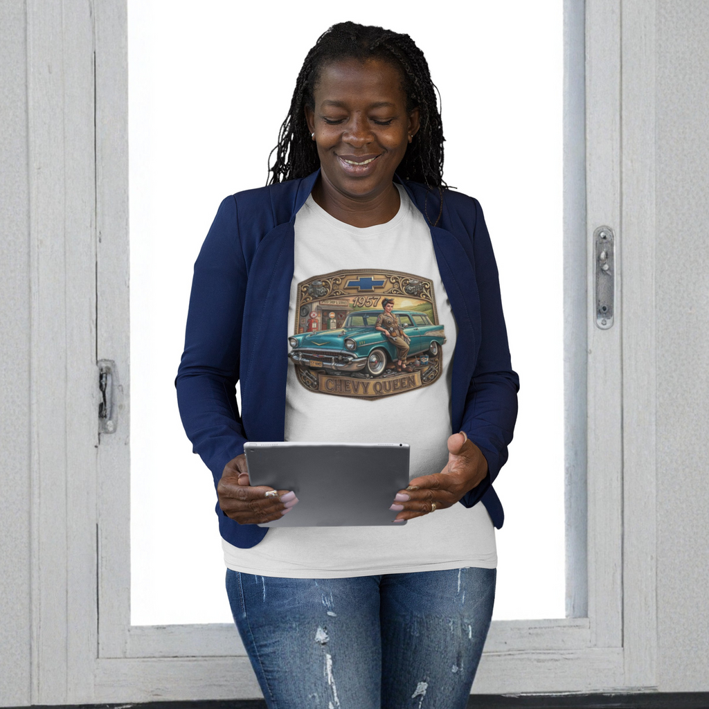 A woman stands in front of white double doors wearing a white graphic white T-shirt under a navy blazer and blue jeans, holding a tablet. The T-shirt features a vintage-style illustration of a teal car with the words 'My Dream Car' and a Chevrolet logo at the top.