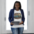 A woman stands in front of white double doors wearing a white graphic white T-shirt under a navy blazer and blue jeans, holding a tablet. The T-shirt features a vintage-style illustration of a teal car with the words 'My Dream Car' and a Chevrolet logo at the top.