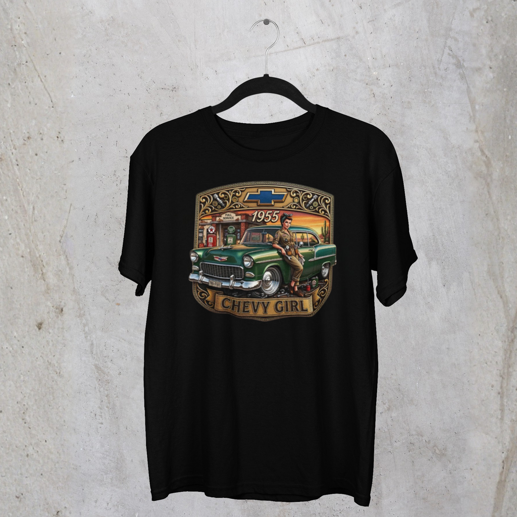 A black short-sleeve t-shirt hanging on a black hanger against a textured gray concrete wall. The shirt features a large graphic print on the front depicting a vintage green Chevrolet car in front of a bar, with the text '1959', 'CHEVY GIRL', and the Chevrolet bowtie logo.