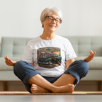 An older woman with short gray hair and glasses sits cross-legged in a meditative pose, wearing a white graphic t-shirt with a vintage green truck design and navy blue pants in a living room setting.