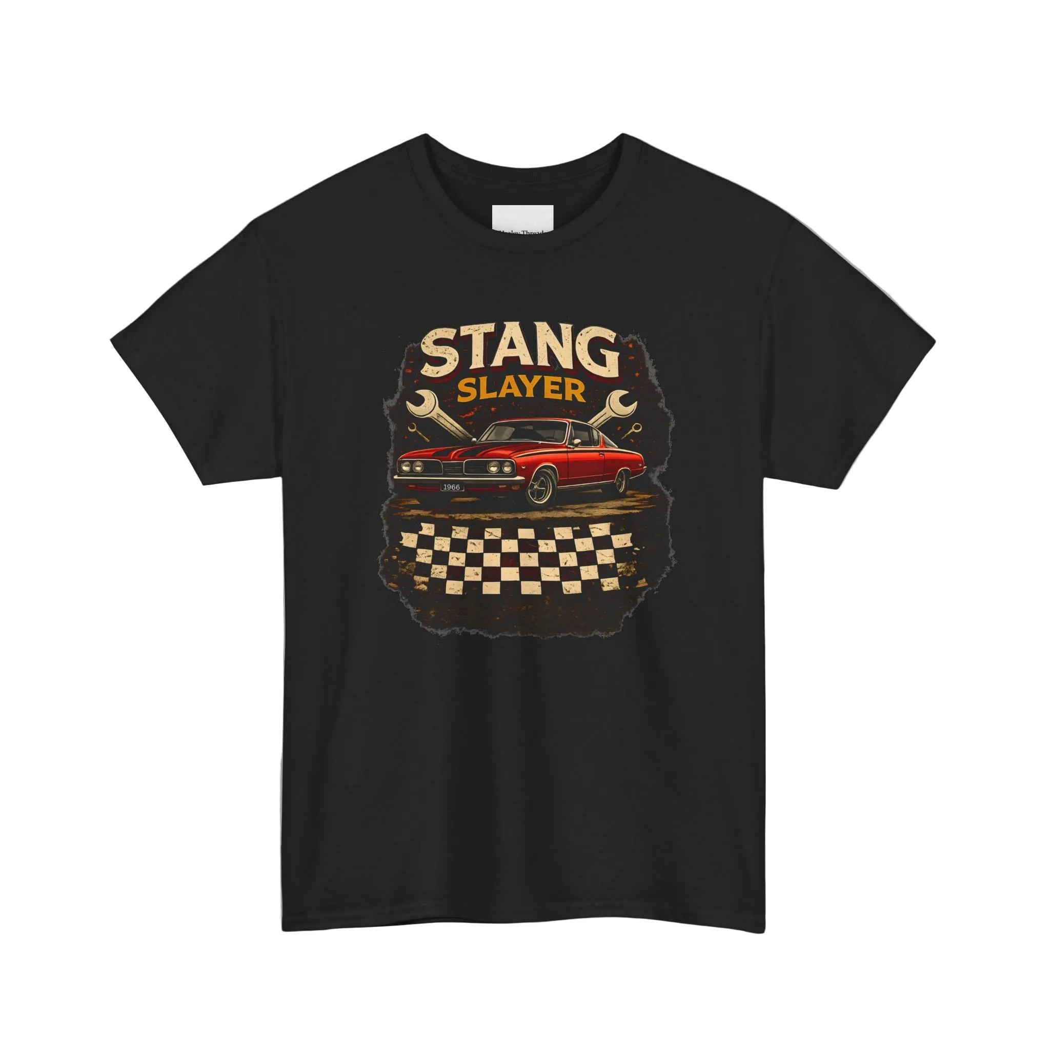 Black t-shirt with 'Stang Slayer' graphic design featuring a red car on a white background