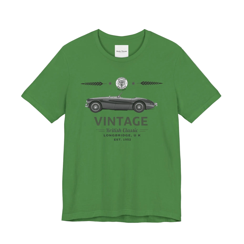 Turf green t-shirt with vintage car graphic and text on a white background