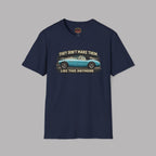 Navy blue t-shirt with vintage car graphic and text on a gray background