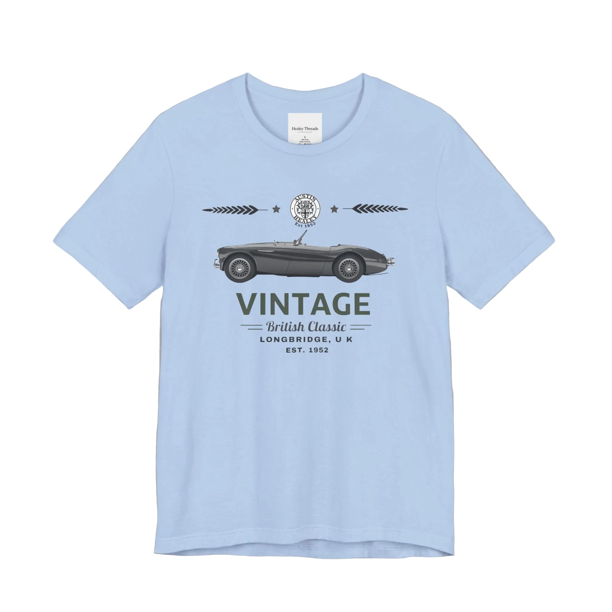 Light blue t-shirt with vintage car graphic and text on a white background