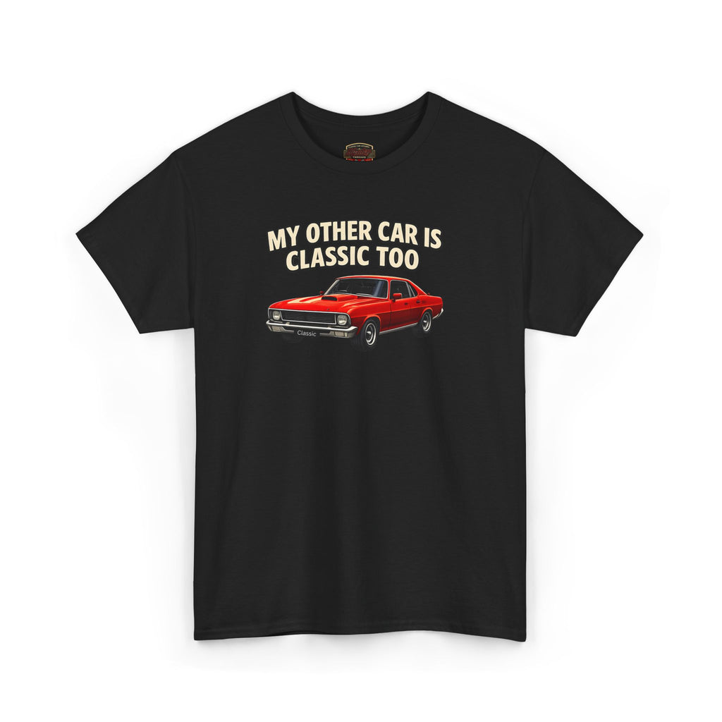 Black t-shirt with a red car graphic and text on a white background