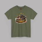 Military green t-shirt with a graphic design of a classic car and text on a gray background