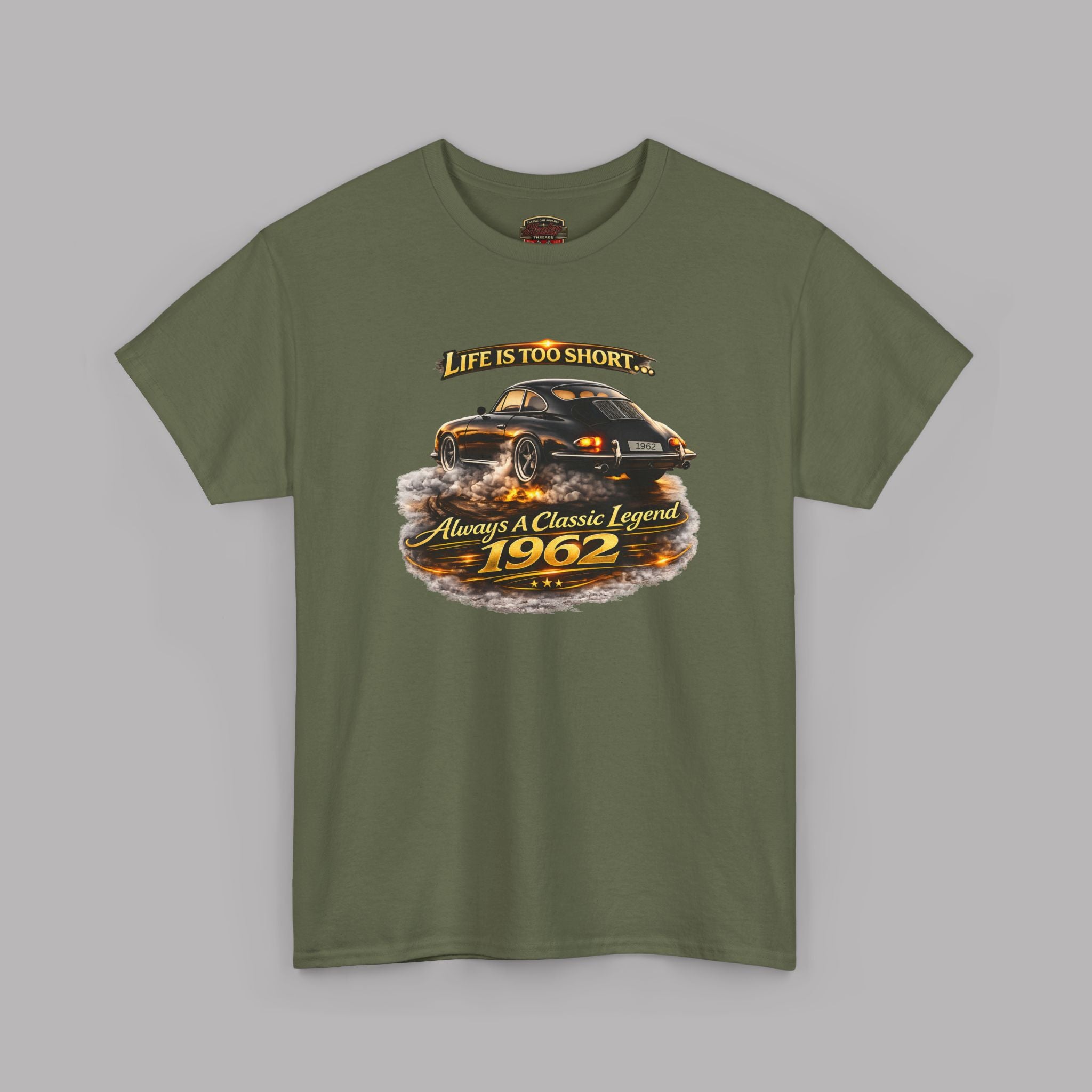 Military green t-shirt with a graphic design of a classic car and text on a gray background