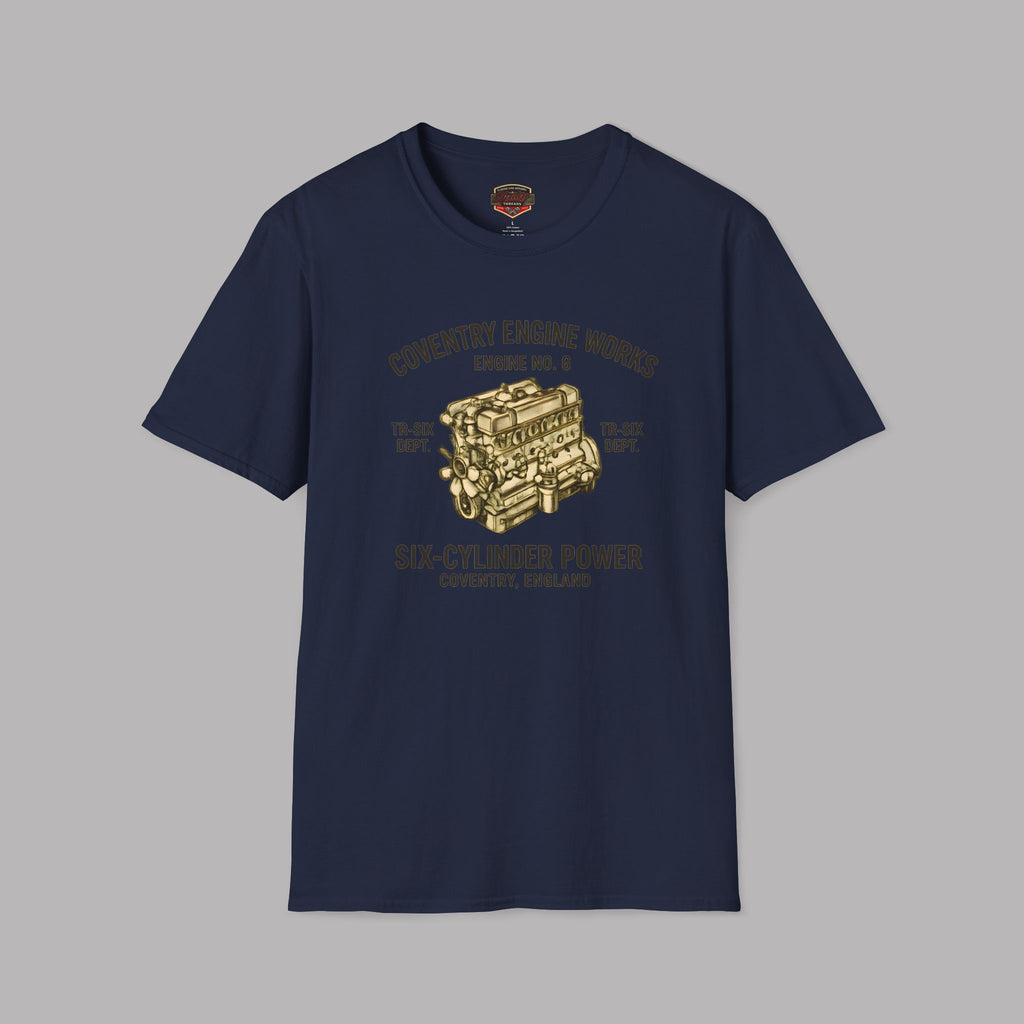 Navy blue t-shirt with a gold coventry engine graphic and text on a gray background