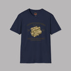 Navy blue t-shirt with a gold coventry engine graphic and text on a gray background