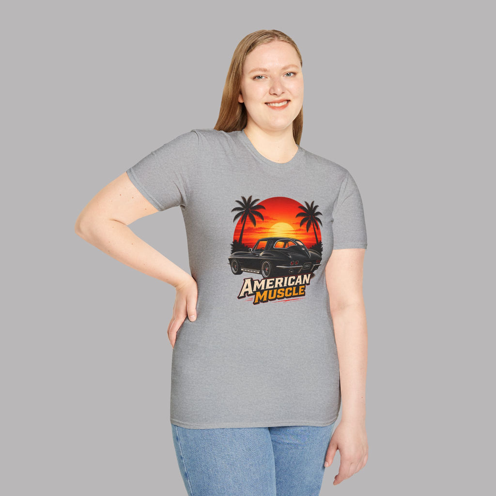 Woman wearing a gray t-shirt with 'American Muscle' graphic design on a plain background