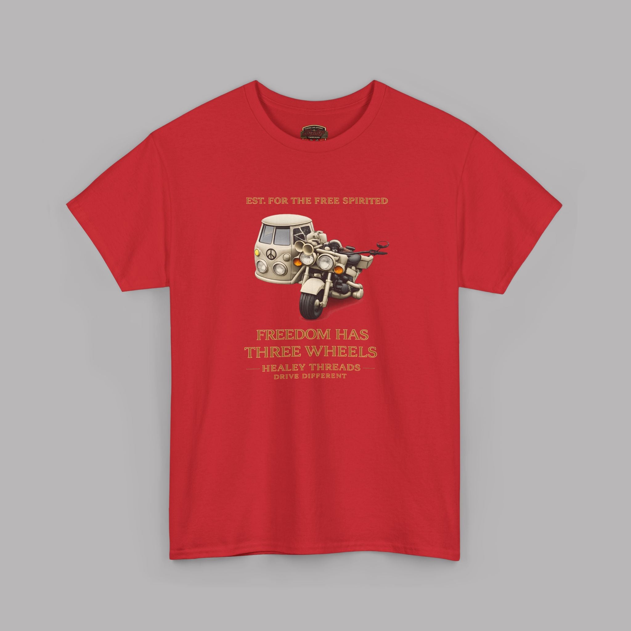 Red t-shirt with a graphic design of a van and motorcycle on a gray background